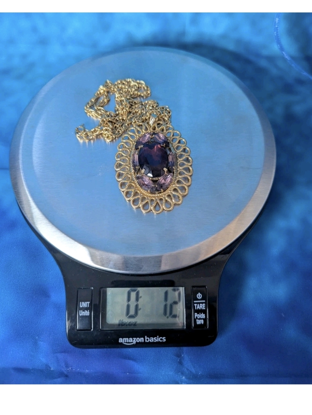 Purple Stone Gold Tone Pendant Necklace 14" Fashion Jewelry - Picture 12 of 12
